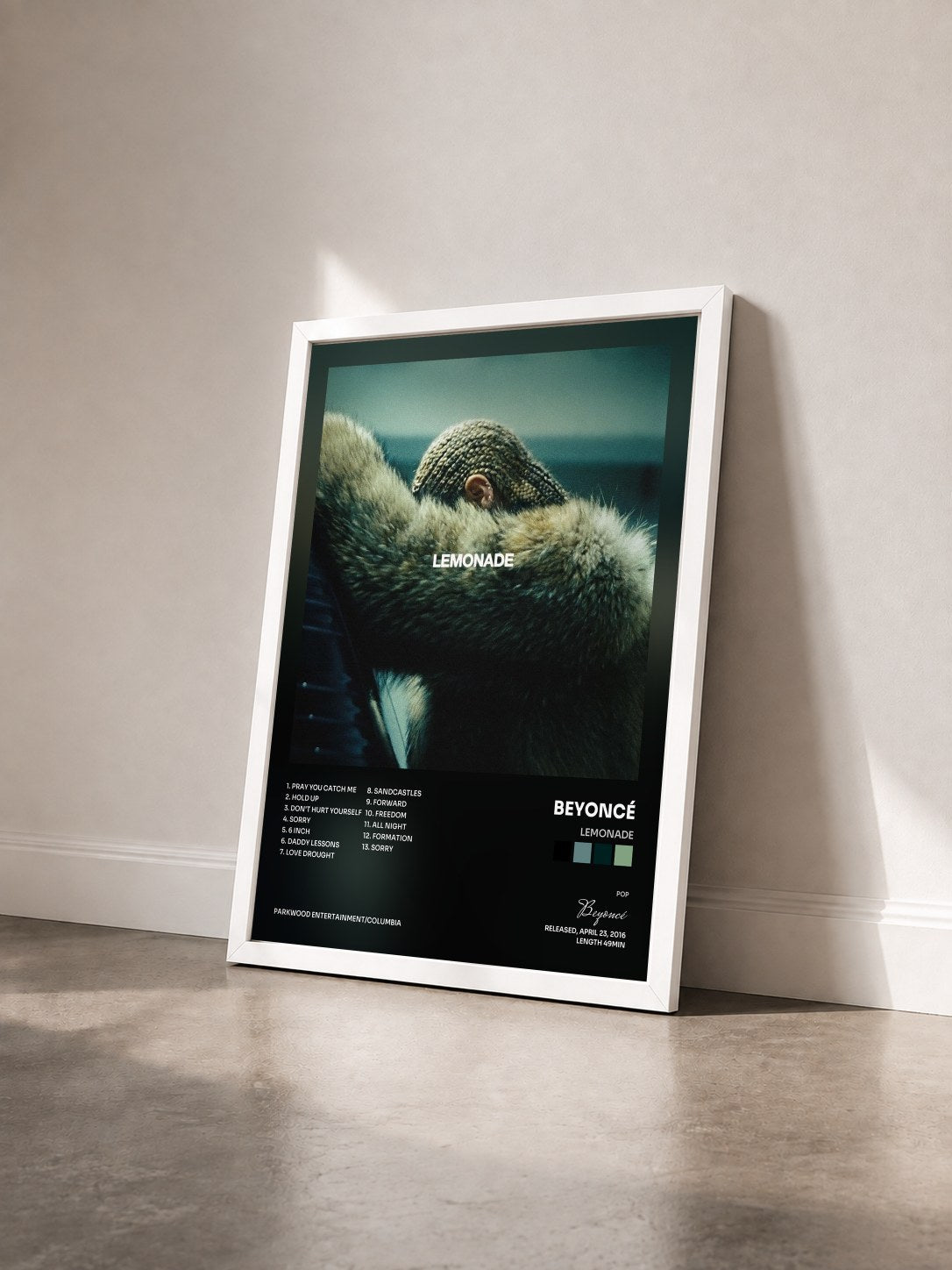 #blanc Lemonade by Beyoncé as a framed art print seen at an angle, white frame