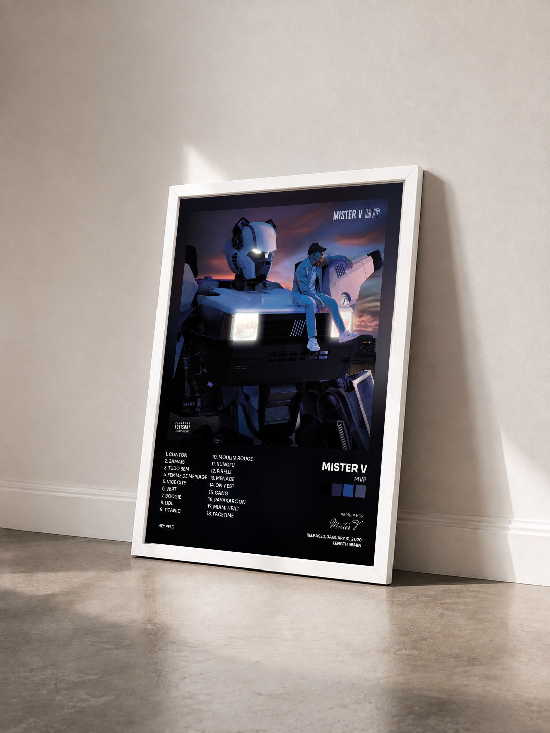 #blanc Tableau de l'album MVP de Mister V vu de trois quarts, cadre blanc