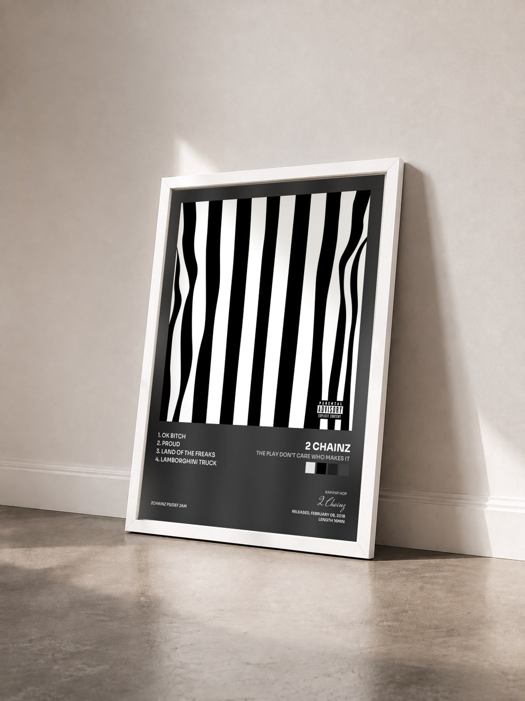 #blanc Tableau de l'album The Play Don’t Care Who Makes It de 2 Chainz vu de trois quarts, cadre blanc