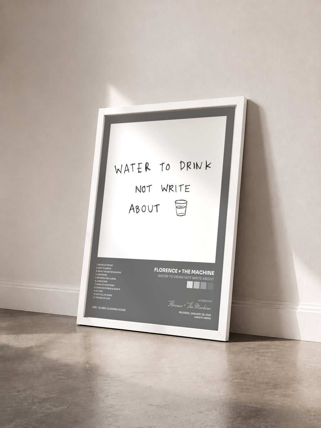 #blanc Tableau de l'album Water To Drink Not Write About de Florence + The Machine vu de trois quarts, cadre blanc