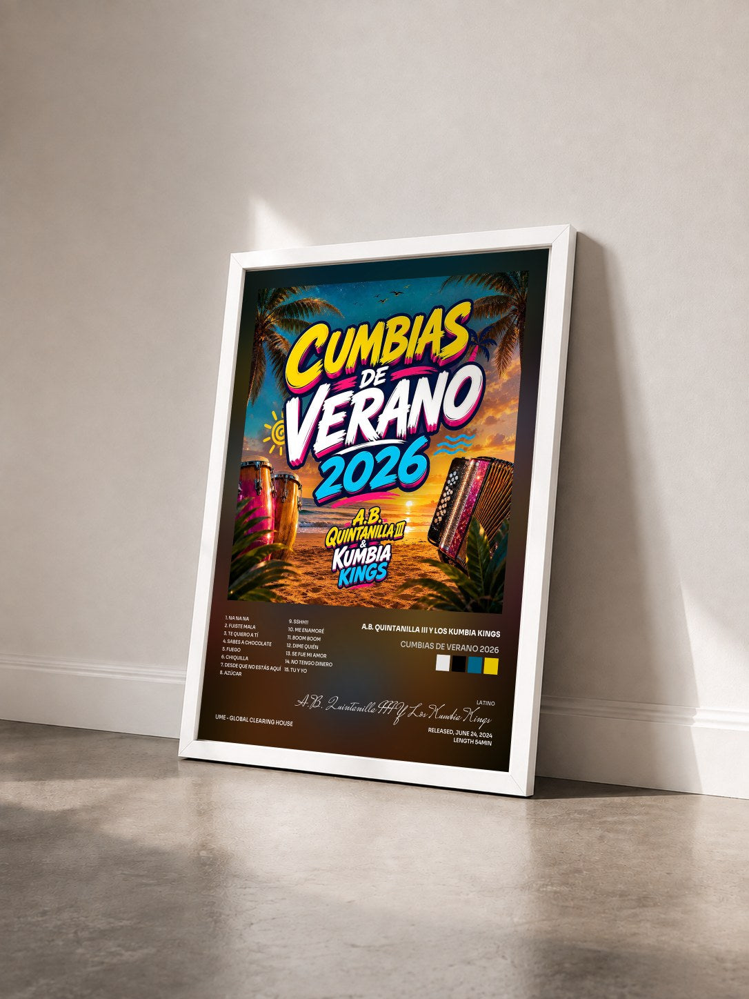 #blanc Tableau de l'album CUMBIAS DE VERANO 2026 de A.B. Quintanilla III Y Los Kumbia Kings vu de trois quarts, cadre blanc