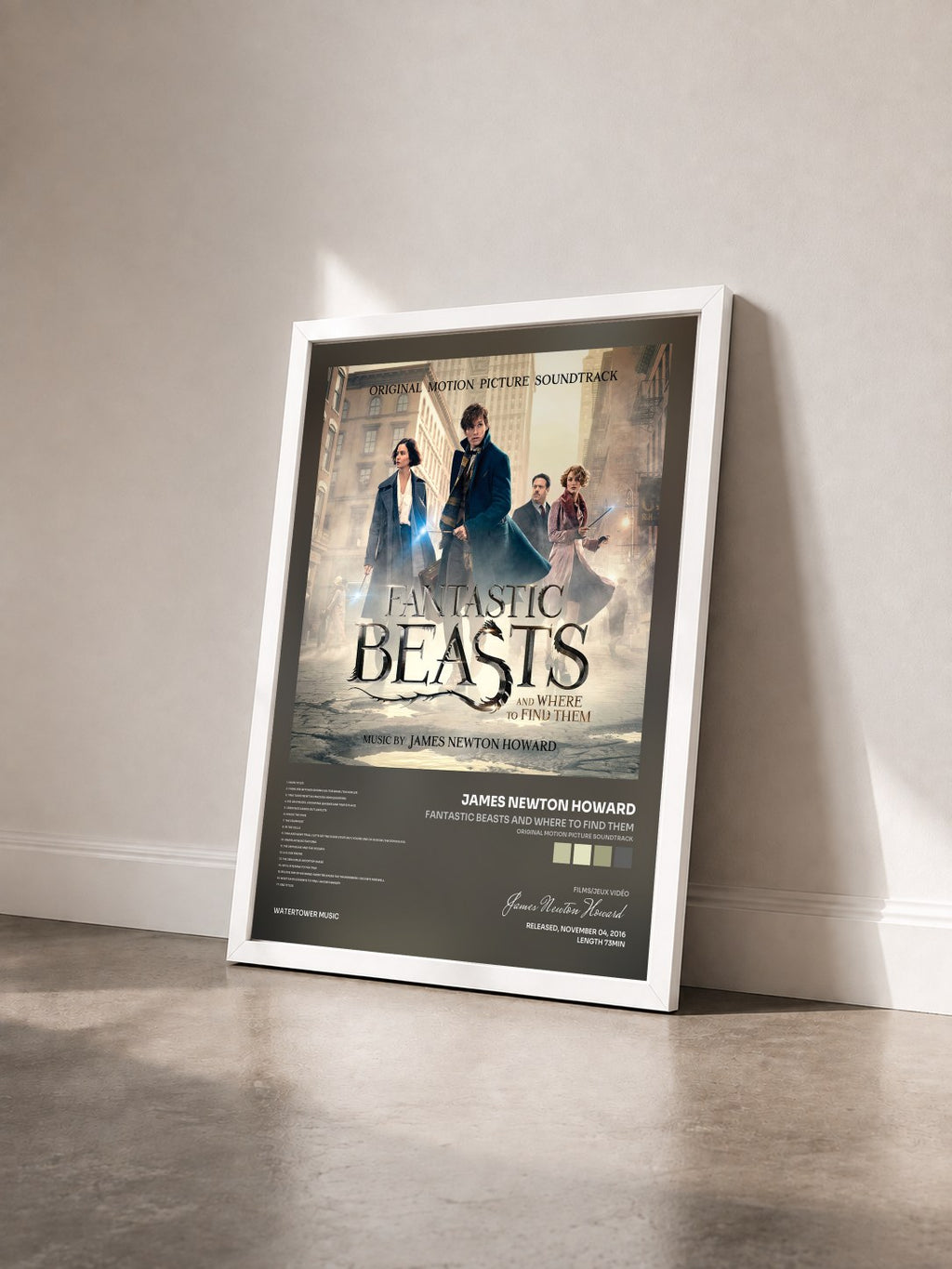 #blanc Fantastic Beasts and Where to Find Them (Original Motion Picture Soundtrack) de James Newton Howard en lámina enmarcada vista de tres cuartos, marco blanco