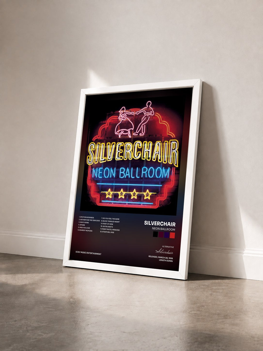 #blanc Neon Ballroom di Silverchair in stampa incorniciata vista di tre quarti, cornice bianca