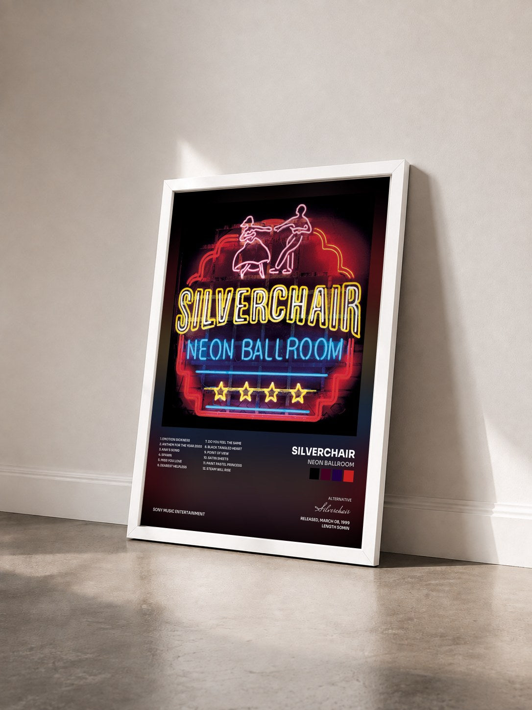 #blanc Neon Ballroom de Silverchair en lámina enmarcada vista de tres cuartos, marco blanco