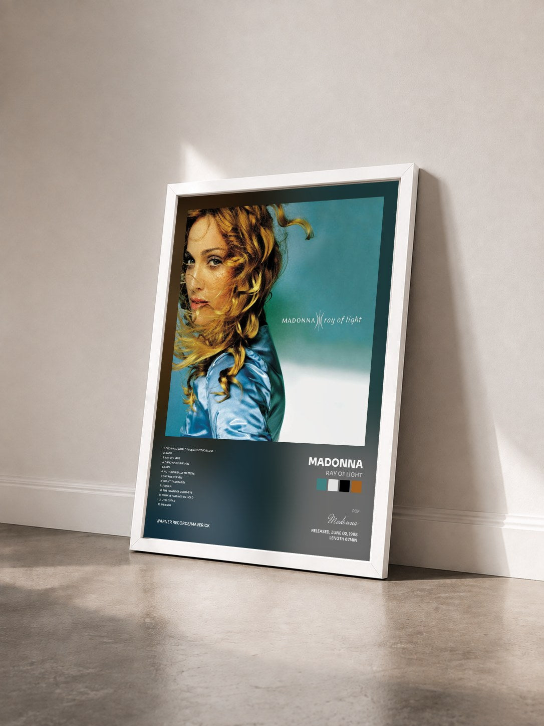 #blanc Ray of Light by Madonna as a framed art print seen at an angle, white frame