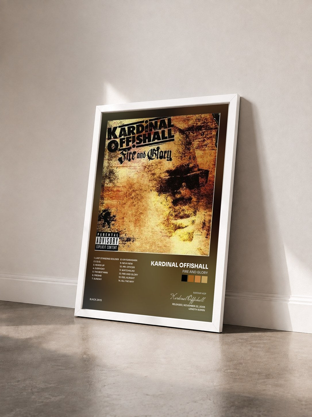 #blanc Tableau de l'album Fire And Glory de Kardinal Offishall vu de trois quarts, cadre blanc