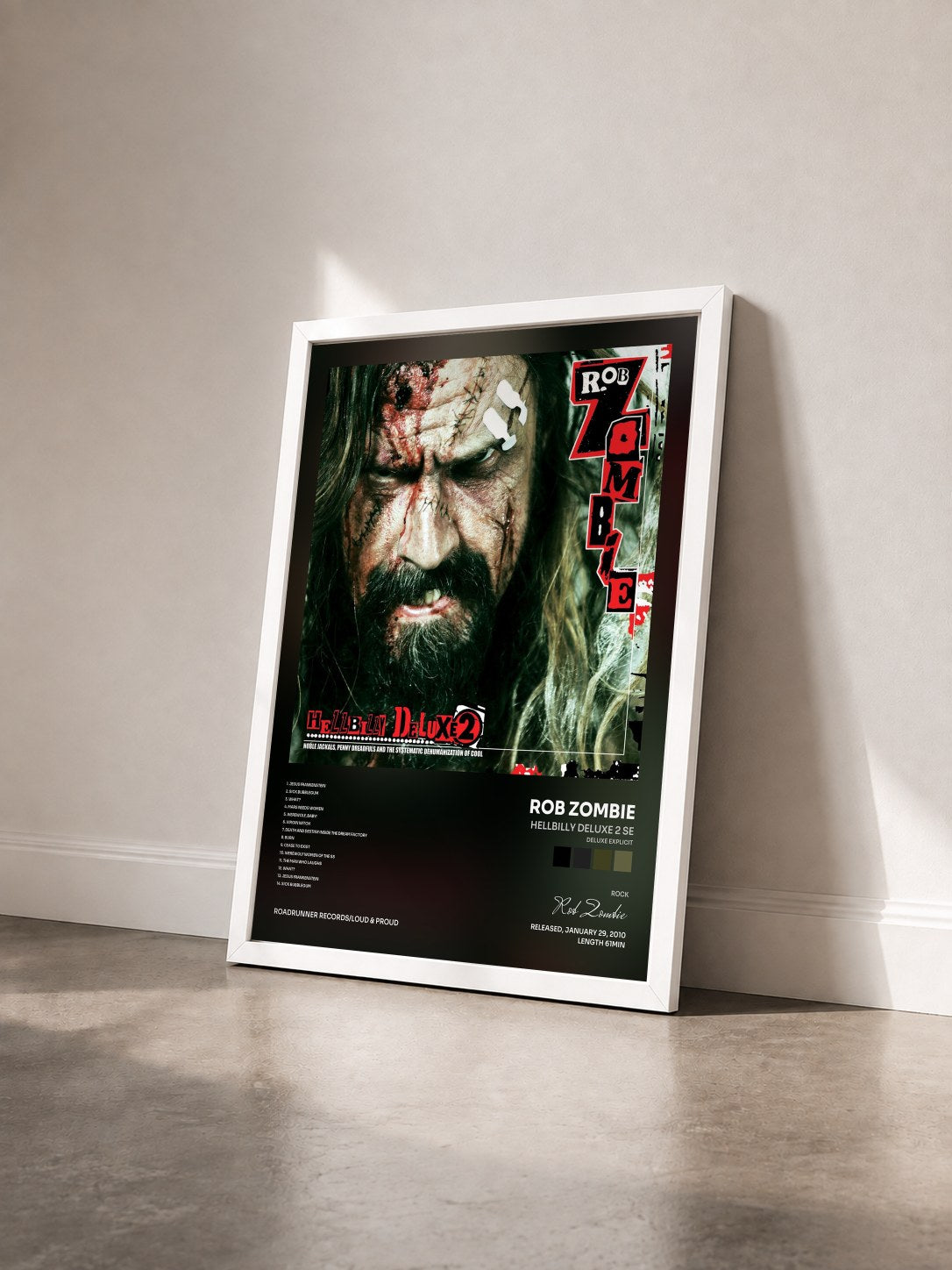 #blanc Tableau de l'album Hellbilly Deluxe 2 SE (Deluxe Explicit) de Rob Zombie vu de trois quarts, cadre blanc