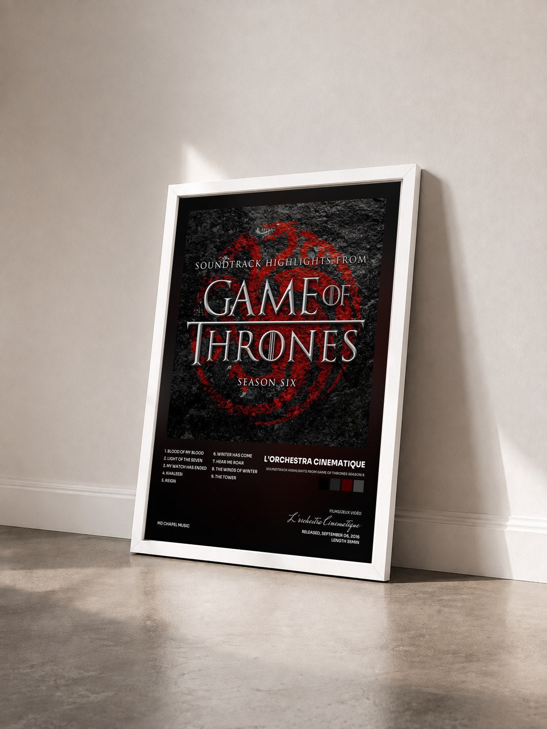 #blanc Tableau de l'album Soundtrack Highlights from Game of Thrones Season 6 de L'orchestra Cinematique vu de trois quarts, cadre blanc