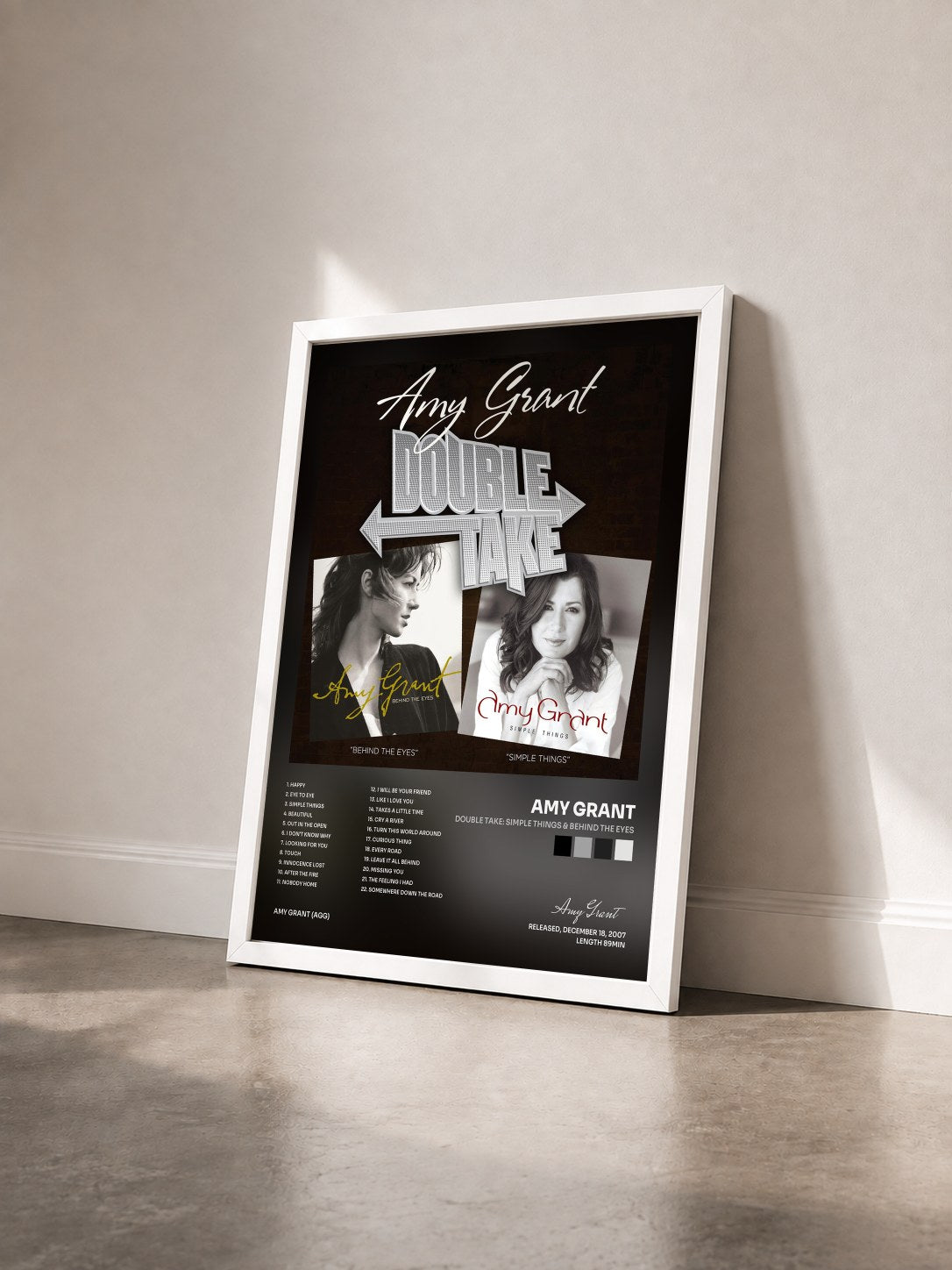 #blanc Tableau de l'album Double Take: Simple Things & Behind The Eyes de Amy Grant vu de trois quarts, cadre blanc