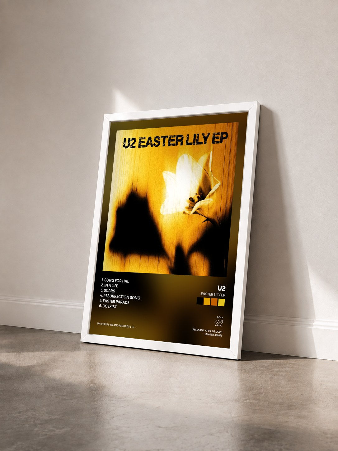 #blanc Tableau de l'album Easter Lily EP de U2 vu de trois quarts, cadre blanc