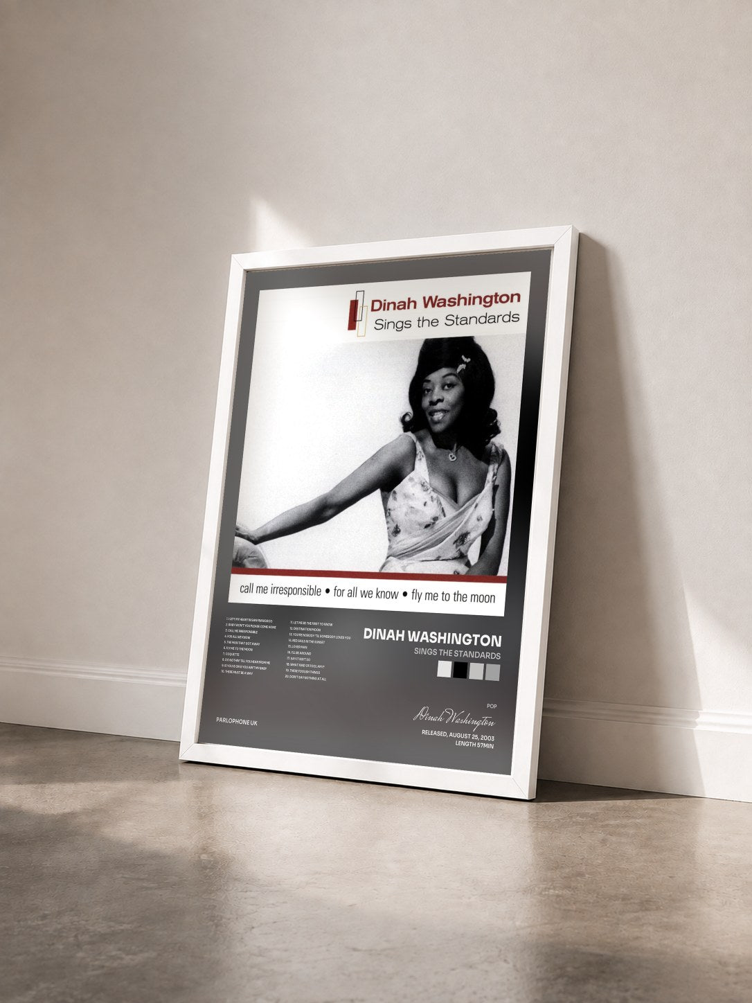 #blanc Tableau de l'album Sings The Standards de Dinah Washington vu de trois quarts, cadre blanc