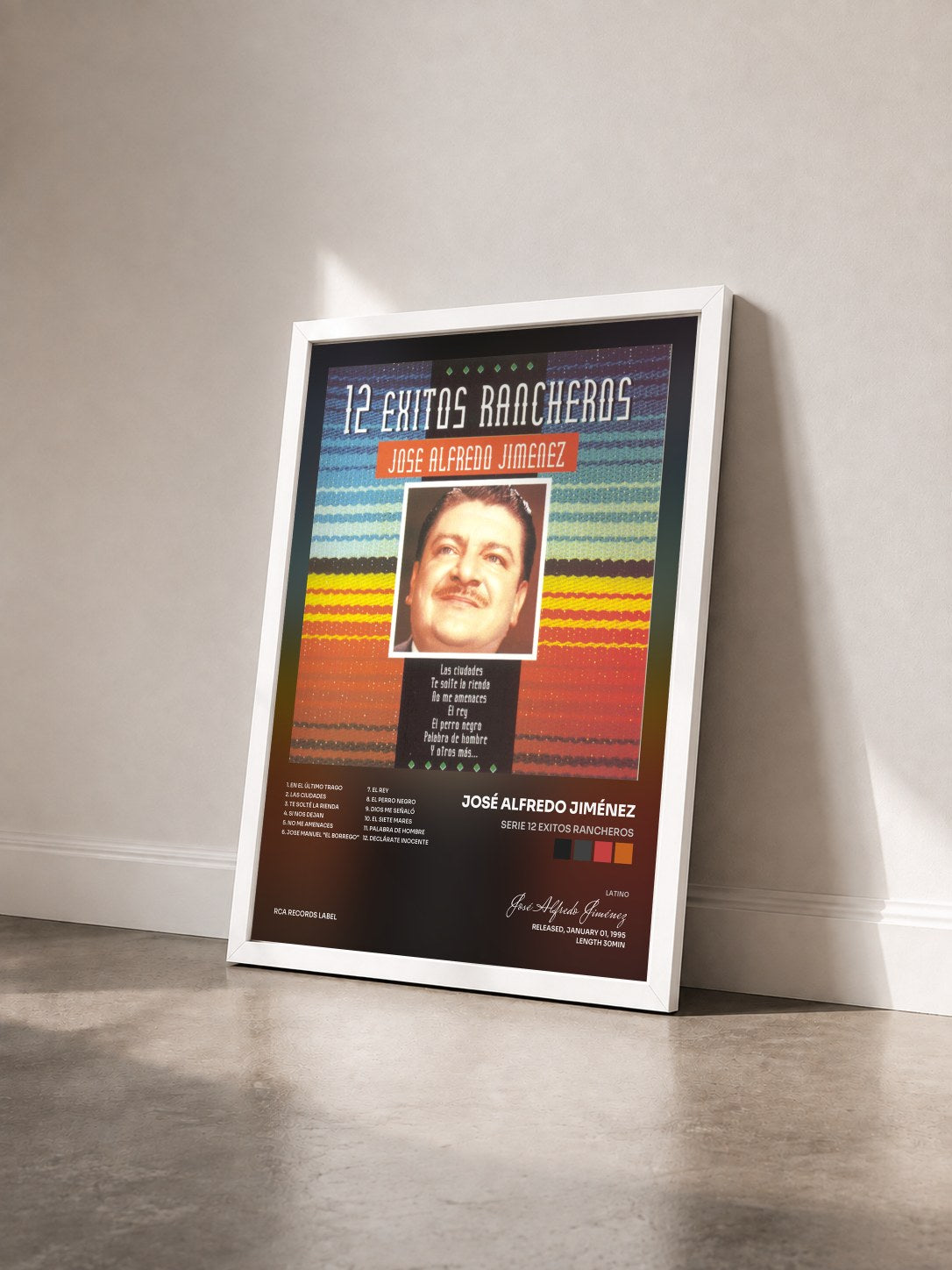 #blanc Tableau de l'album Serie 12 Exitos Rancheros de José Alfredo Jiménez vu de trois quarts, cadre blanc