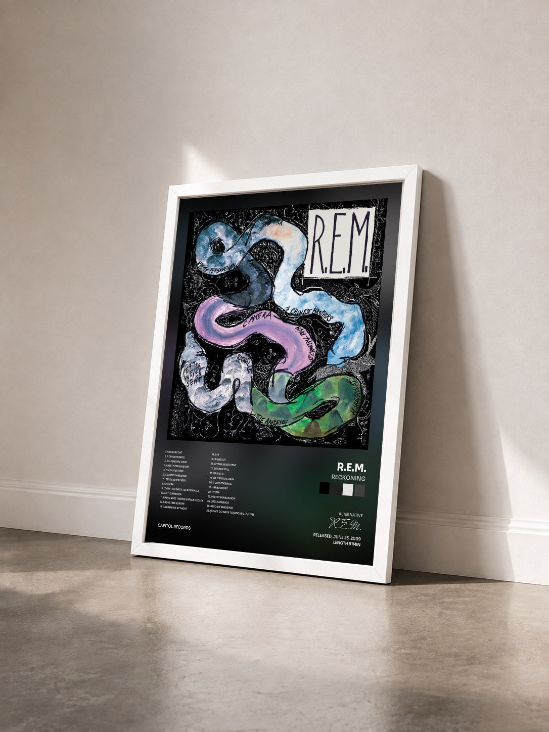 #blanc Tableau de l'album Reckoning de R.E.M. vu de trois quarts, cadre blanc