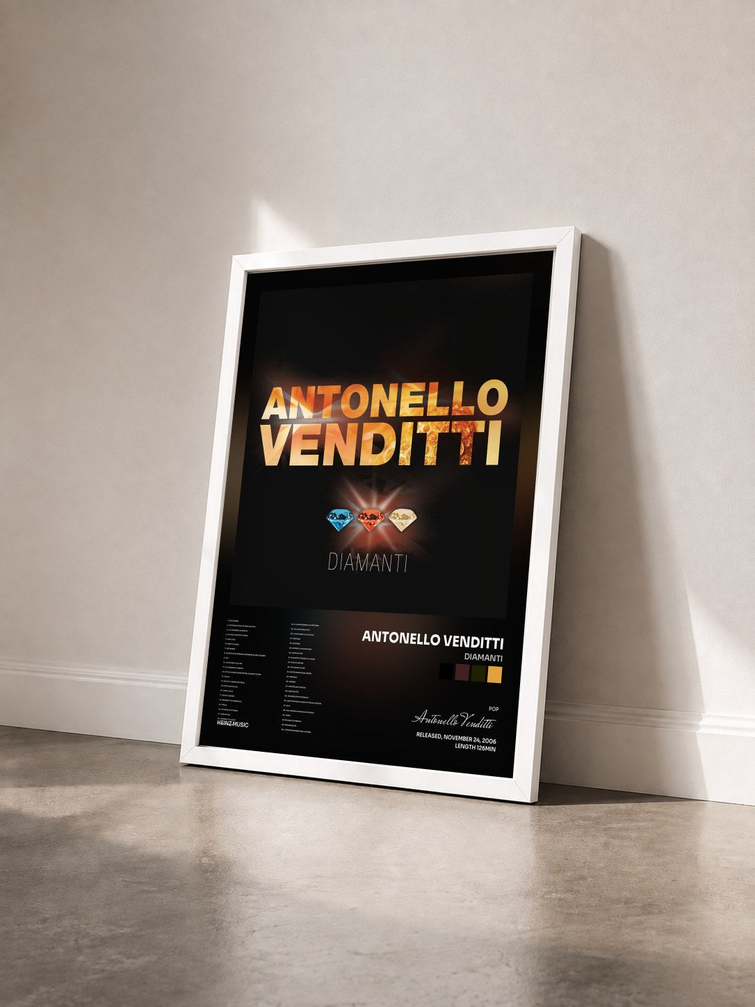 #blanc Tableau de l'album Diamanti de Antonello Venditti vu de trois quarts, cadre blanc