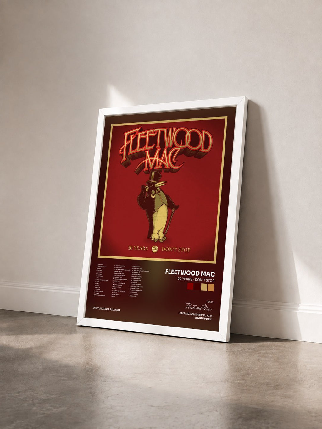 #blanc 50 Years - Don't Stop di Fleetwood Mac in stampa incorniciata vista di tre quarti, cornice bianca