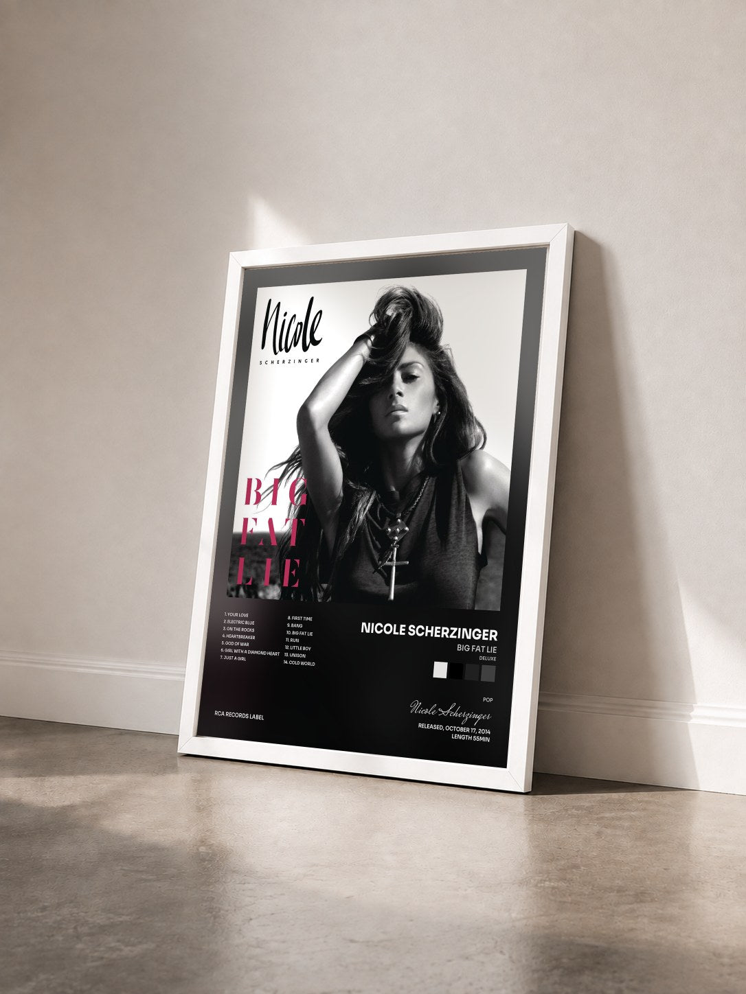 #blanc Big Fat Lie (Deluxe) by Nicole Scherzinger as a framed art print seen at an angle, white frame