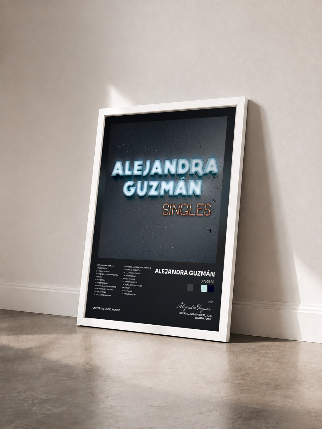 #blanc Tableau de l'album Singles de Alejandra Guzmán vu de trois quarts, cadre blanc
