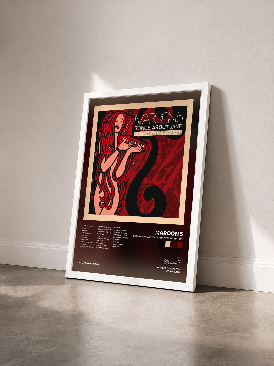 #blanc Songs About Jane: 10th Anniversary Edition by Maroon 5 as a framed art print seen at an angle, white frame