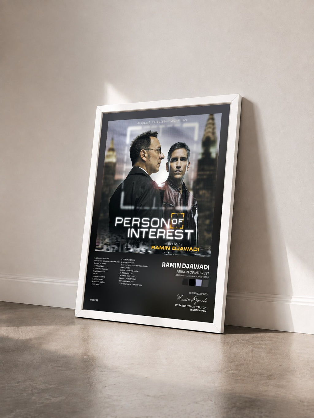 #blanc Person Of Interest (Original Television Soundtrack) by Ramin Djawadi as a framed art print seen at an angle, white frame