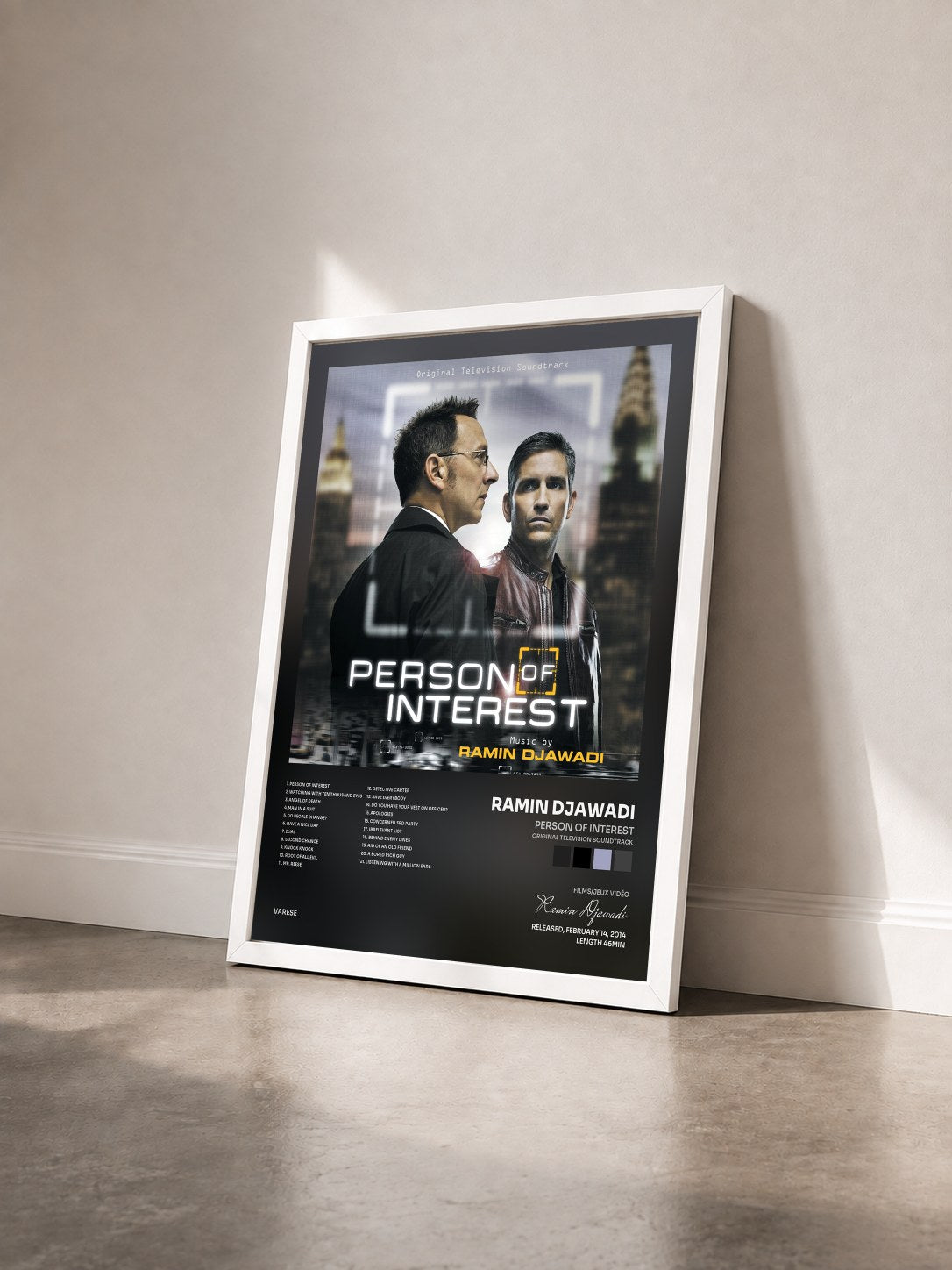 #blanc Tableau de l'album Person Of Interest (Original Television Soundtrack) de Ramin Djawadi vu de trois quarts, cadre blanc