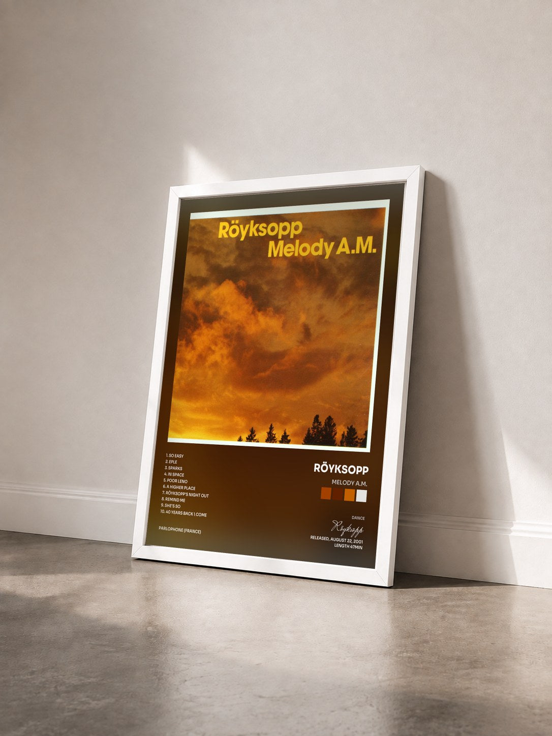 #blanc Tableau de l'album Melody A.M. de Röyksopp vu de trois quarts, cadre blanc