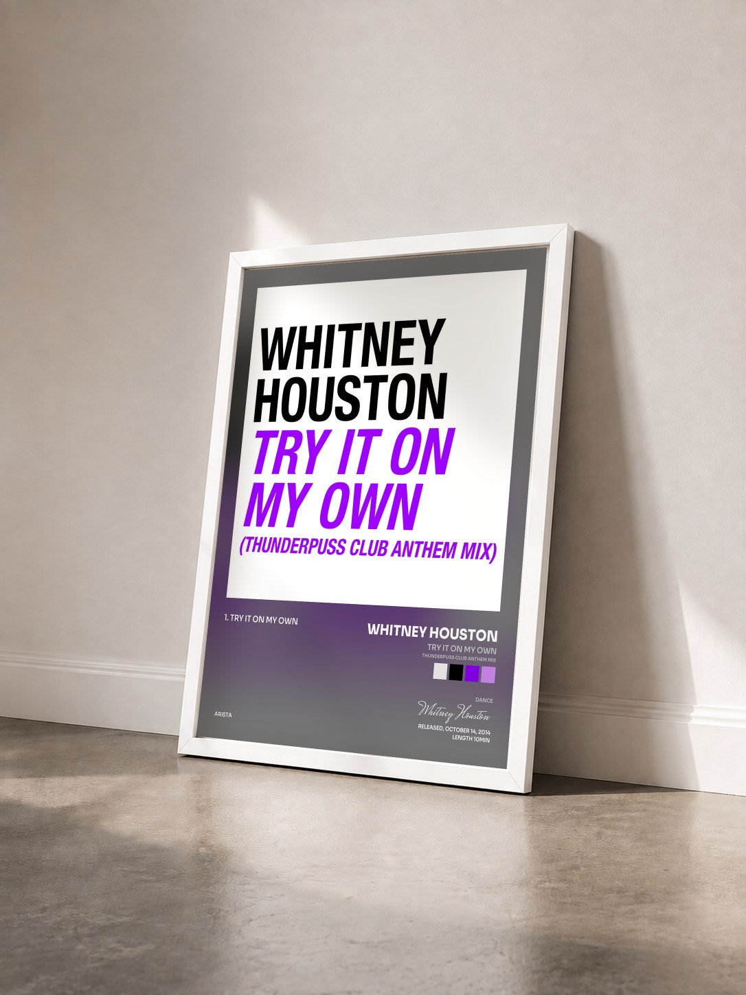 #blanc Tableau de l'album Try It On My Own (Thunderpuss Club Anthem Mix) de Whitney Houston vu de trois quarts, cadre blanc