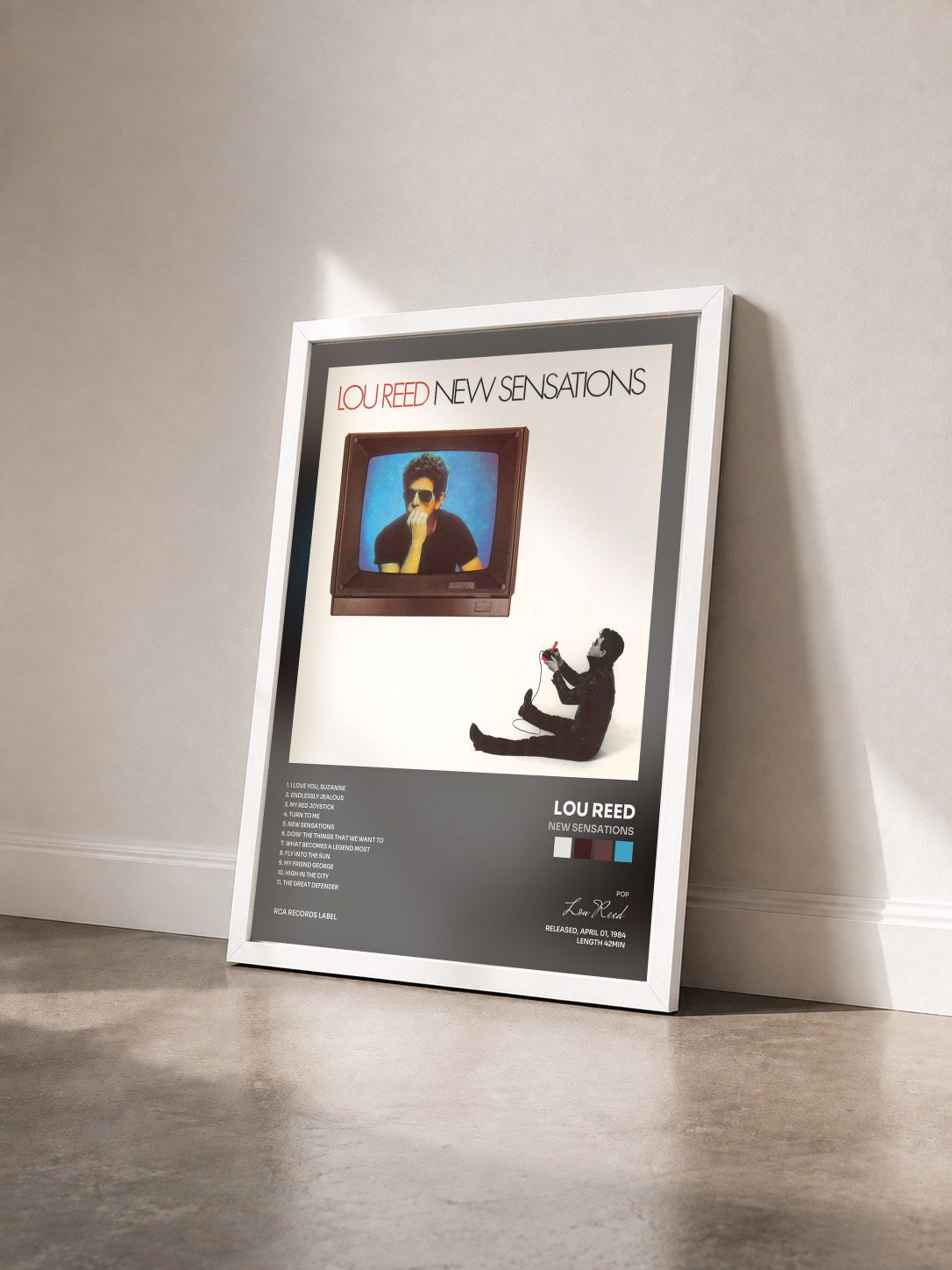 #blanc Tableau de l'album New Sensations de Lou Reed vu de trois quarts, cadre blanc