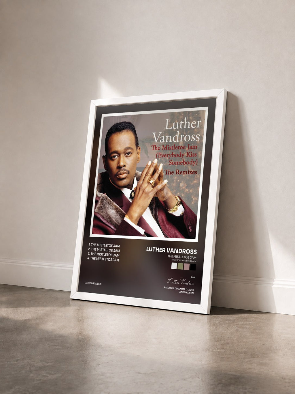 #blanc The Mistletoe Jam (Everybody Kiss Somebody) - The Remixes di Luther Vandross in stampa incorniciata vista di tre quarti, cornice bianca