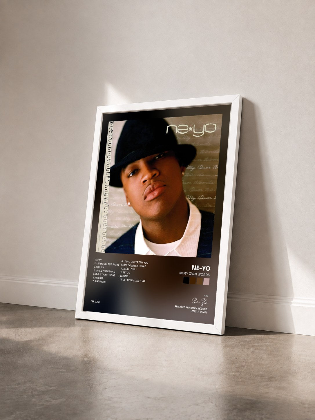 #blanc Tableau de l'album In My Own Words (Deluxe 15th Anniversary Edition) de Ne-Yo vu de trois quarts, cadre blanc