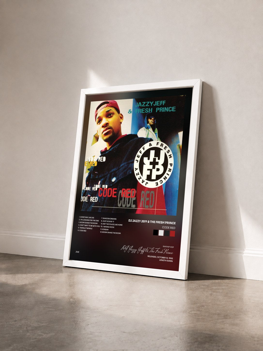 #blanc Tableau de l'album Code Red de DJ Jazzy Jeff & The Fresh Prince vu de trois quarts, cadre blanc