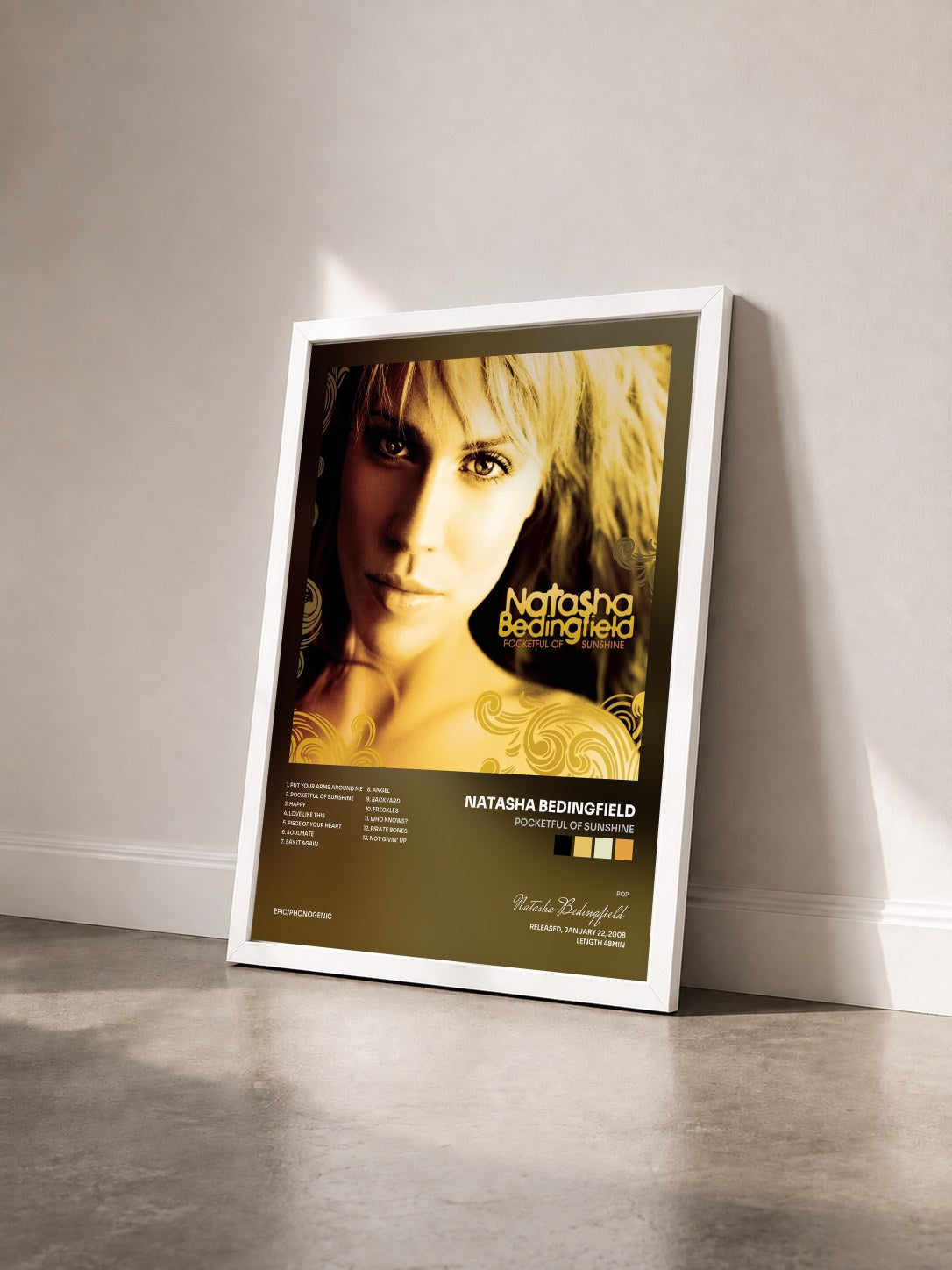 #blanc Tableau de l'album Pocketful Of Sunshine de Natasha Bedingfield vu de trois quarts, cadre blanc