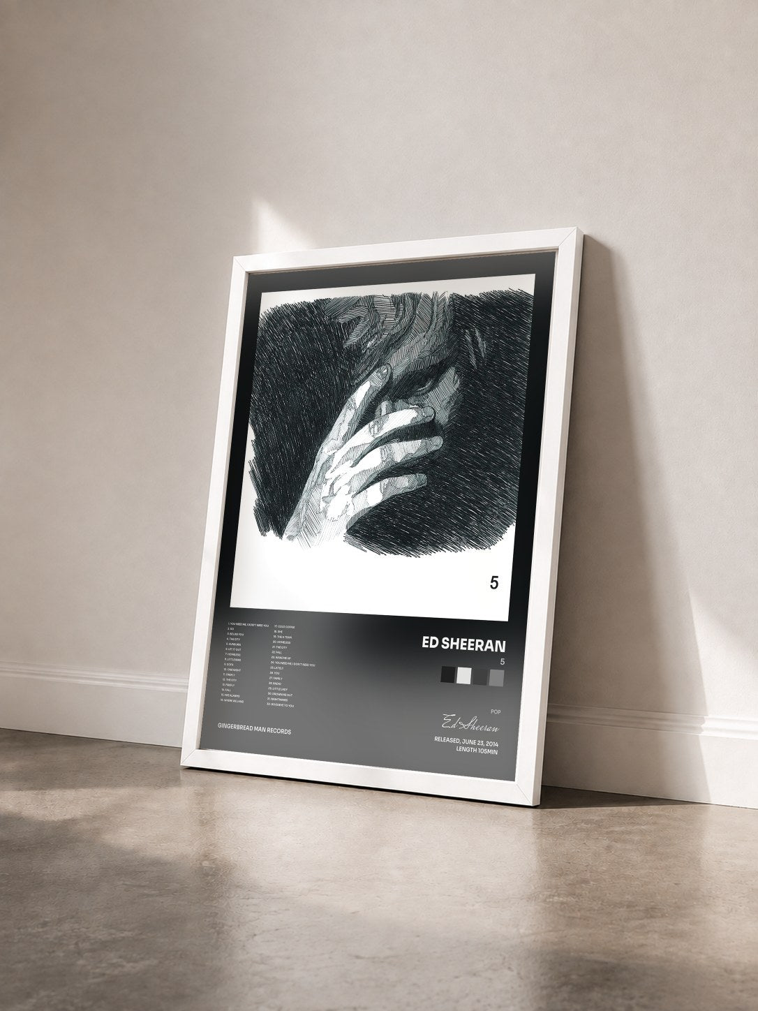 #blanc Tableau de l'album 5 de Ed Sheeran vu de trois quarts, cadre blanc
