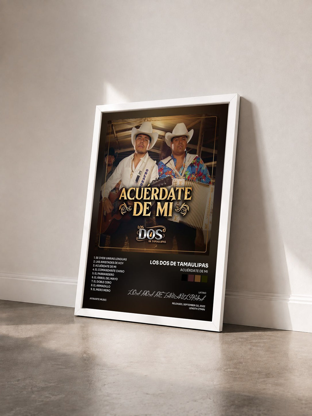 #blanc Acuérdate by Mi de LOS DOS DE TAMAULIPAS as a framed art print seen at an angle, white frame