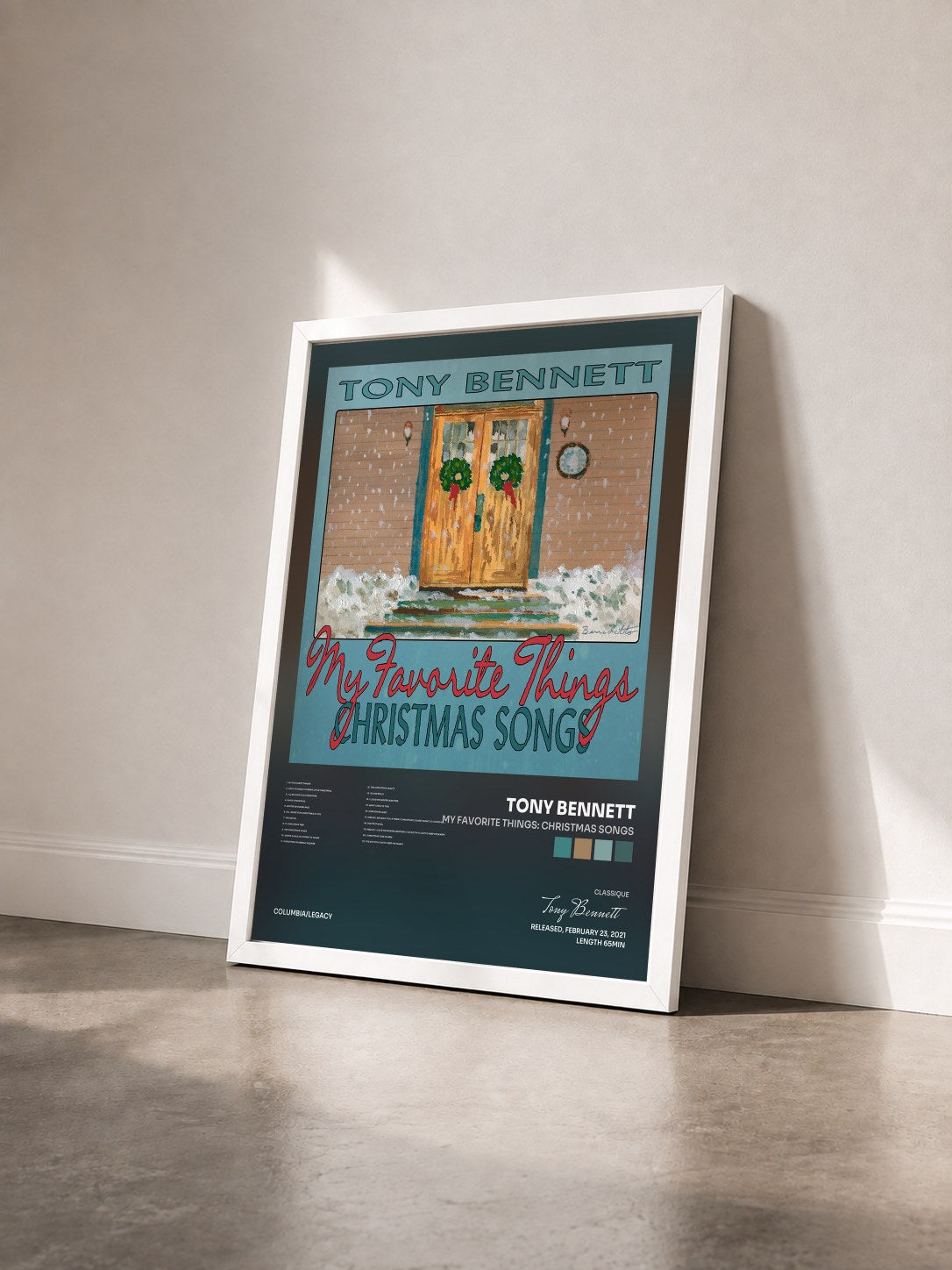 #blanc Tableau de l'album My Favorite Things: Christmas Songs de Tony Bennett vu de trois quarts, cadre blanc
