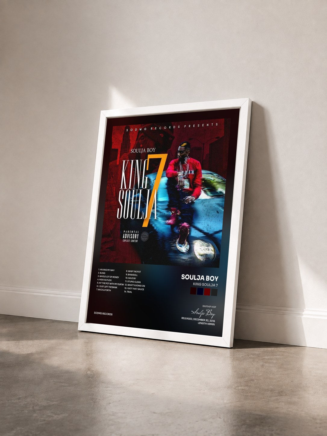 #blanc King Soulja 7 by Soulja Boy as a framed art print seen at an angle, white frame