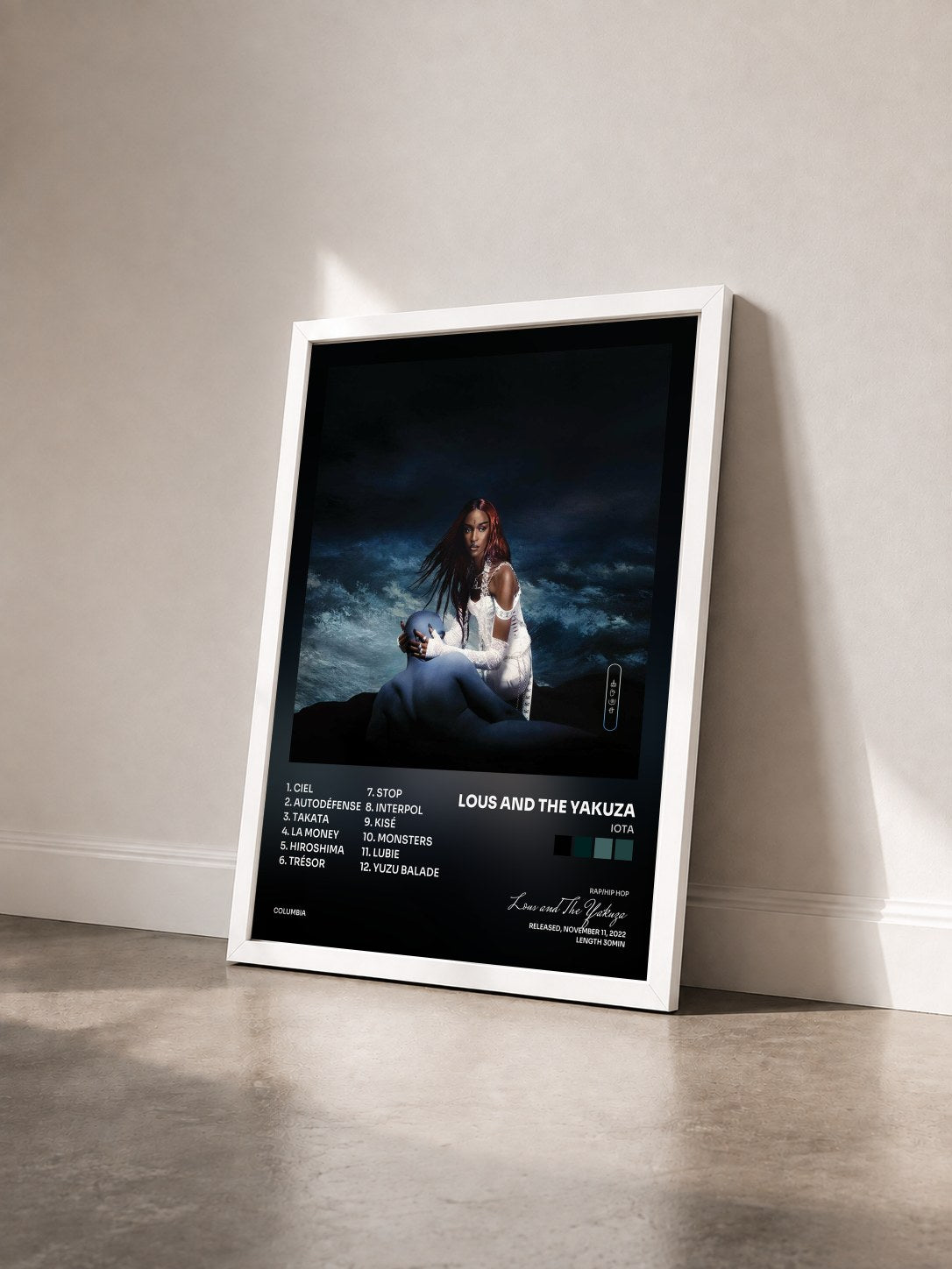 #blanc Tableau de l'album IOTA de Lous and The Yakuza vu de trois quarts, cadre blanc
