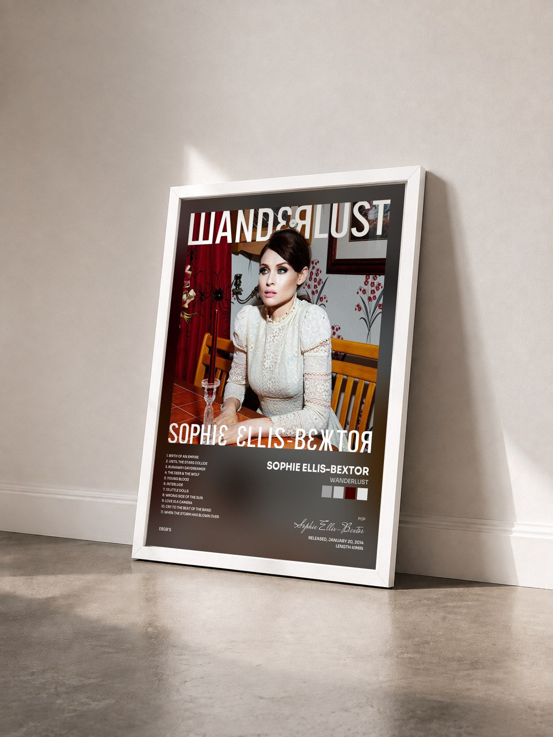 #blanc Tableau de l'album Wanderlust de Sophie Ellis-Bextor vu de trois quarts, cadre blanc