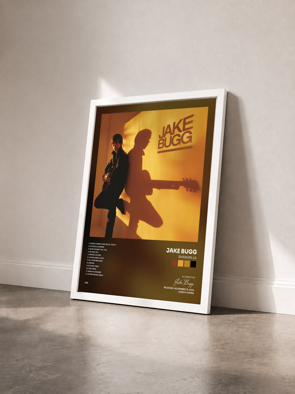 #blanc Tableau de l'album Shangri La de Jake Bugg vu de trois quarts, cadre blanc