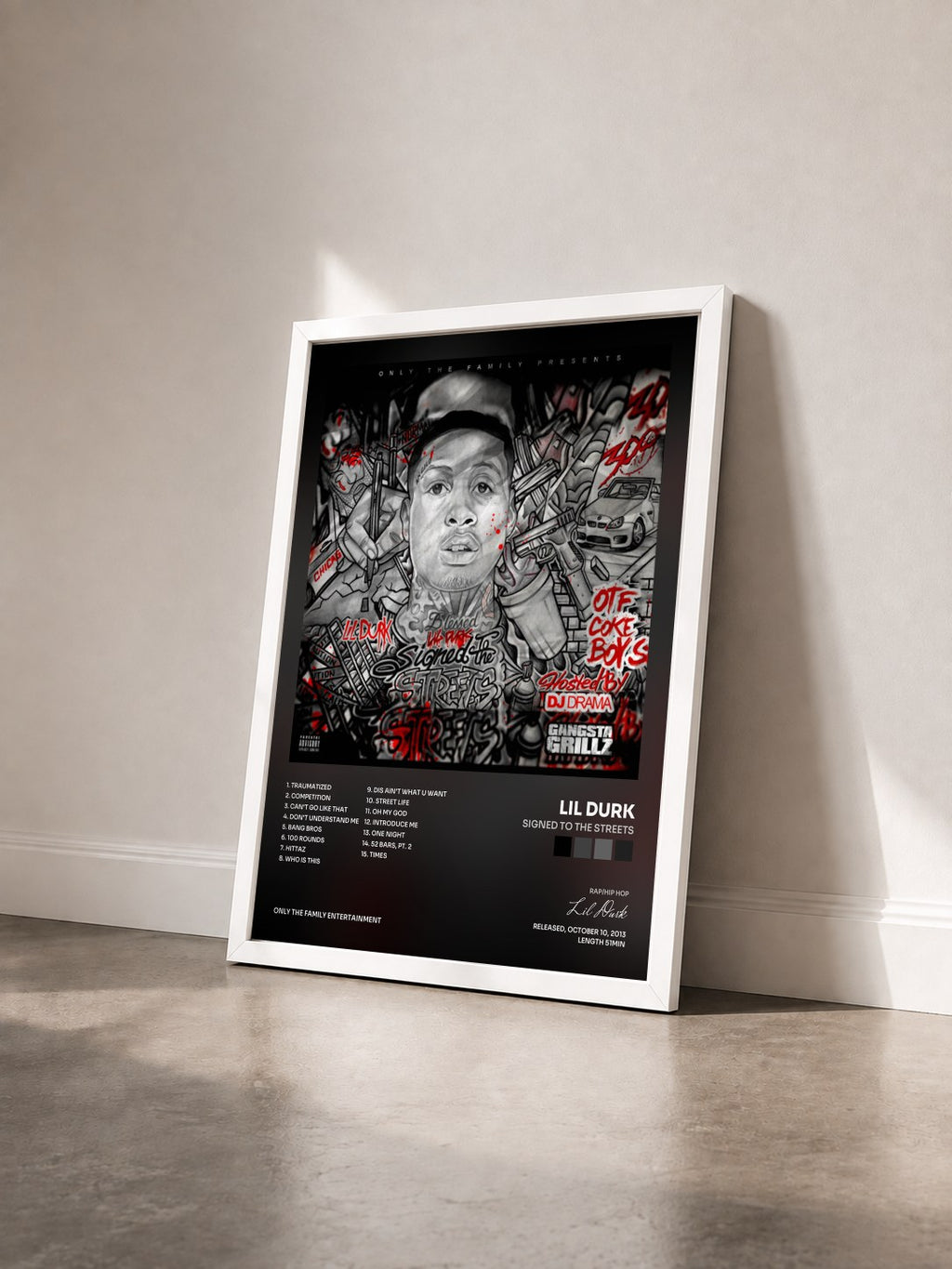 #blanc Signed to the Streets di Lil Durk in stampa incorniciata vista di tre quarti, cornice bianca