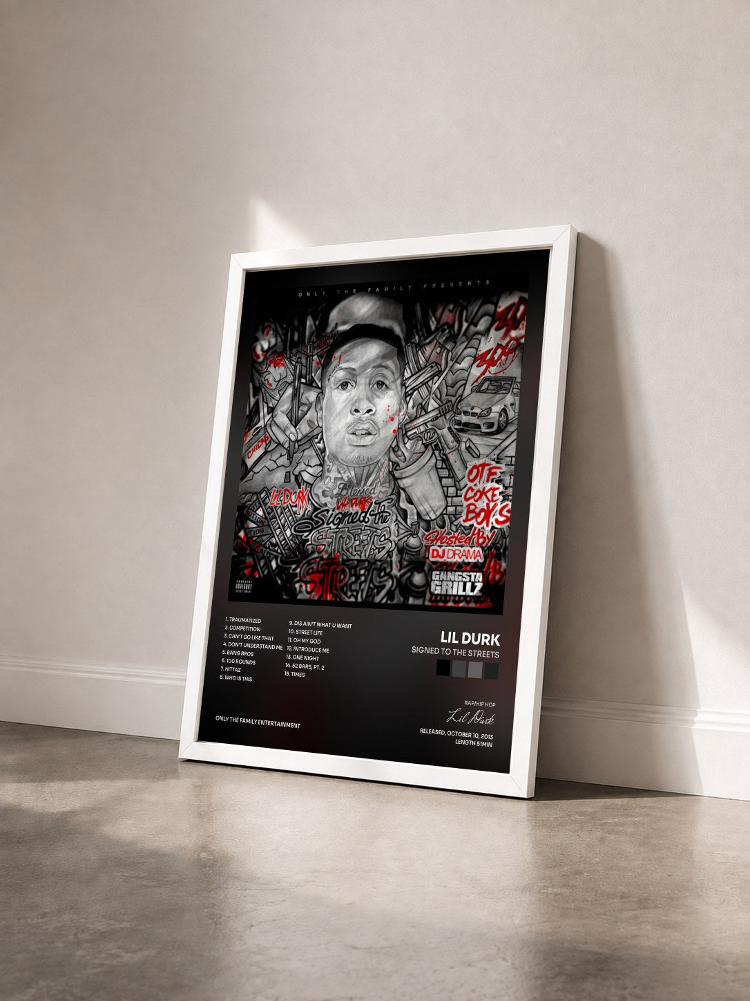 #blanc Tableau de l'album Signed to the Streets de Lil Durk vu de trois quarts, cadre blanc