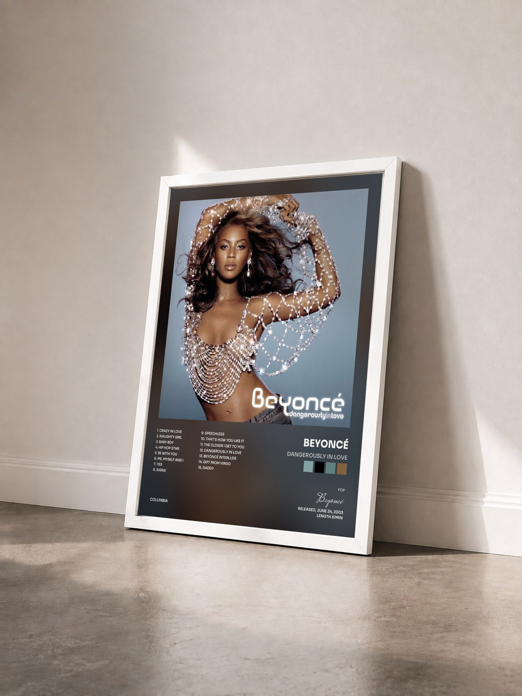 #blanc Tableau de l'album Dangerously In Love de Beyoncé vu de trois quarts, cadre blanc
