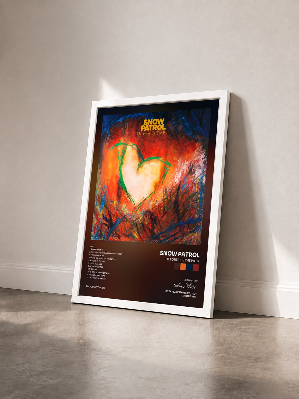 #blanc The Forest Is The Path von Snow Patrol als gerahmter Kunstdruck von schräg gesehen, weißer Rahmen