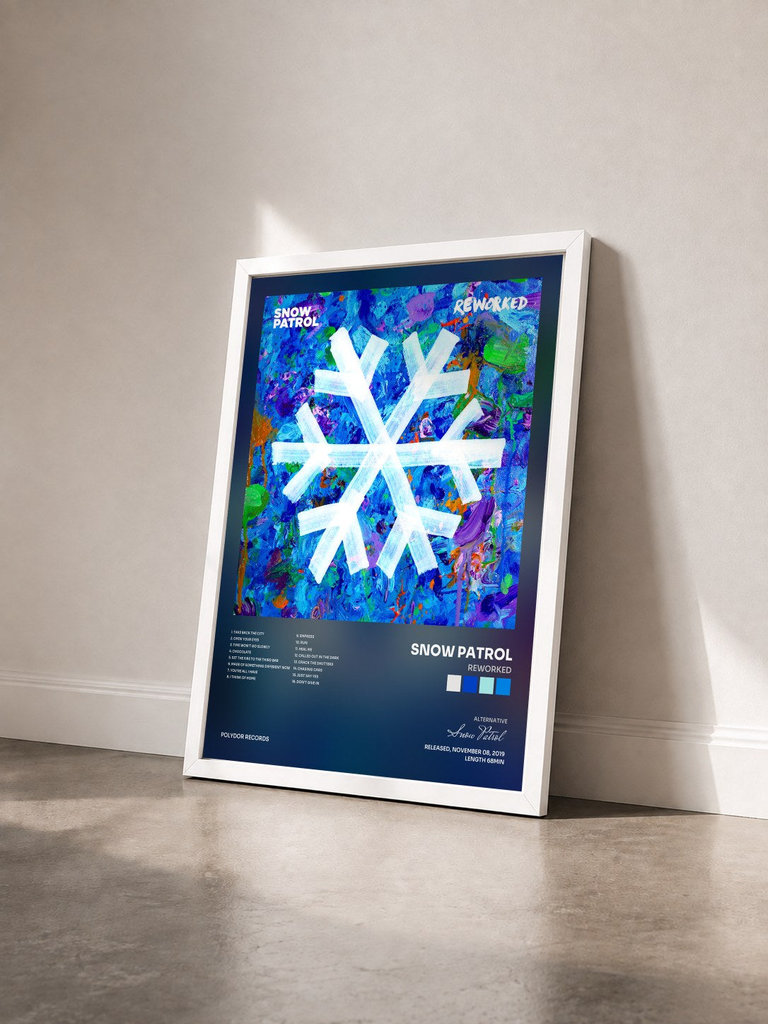 #blanc Reworked von Snow Patrol als gerahmter Kunstdruck von schräg gesehen, weißer Rahmen