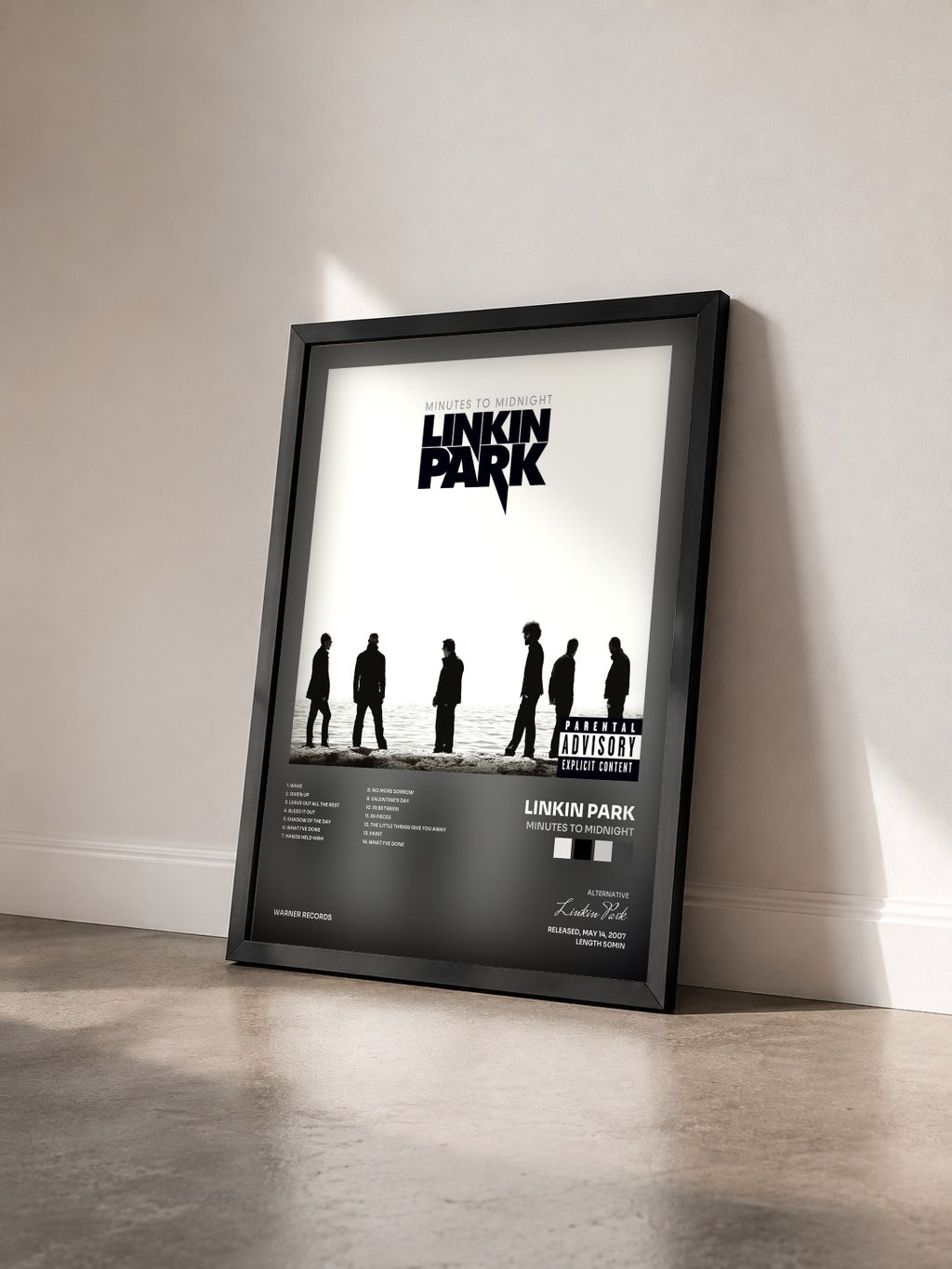 #noir Minutes to Midnight di Linkin Park in stampa incorniciata vista di tre quarti, cornice nera