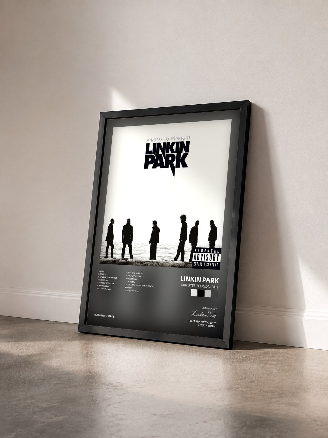 #noir Minutes to Midnight by Linkin Park as a framed art print seen at an angle, black frame