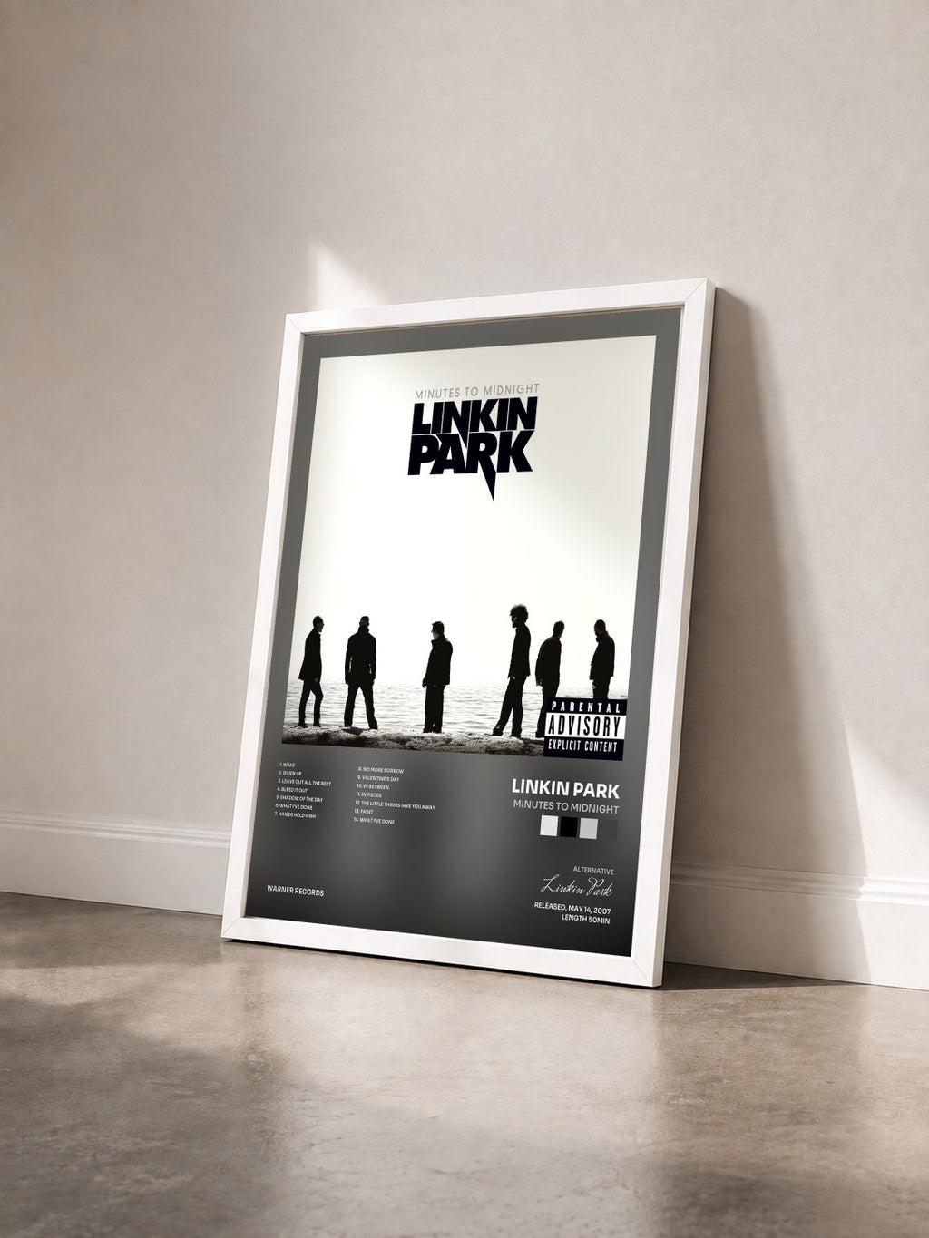 #blanc Minutes to Midnight di Linkin Park in stampa incorniciata vista di tre quarti, cornice bianca