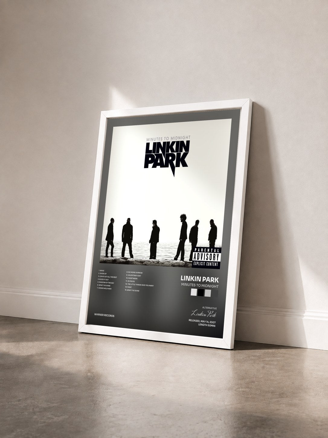 #blanc Minutes to Midnight by Linkin Park as a framed art print seen at an angle, white frame