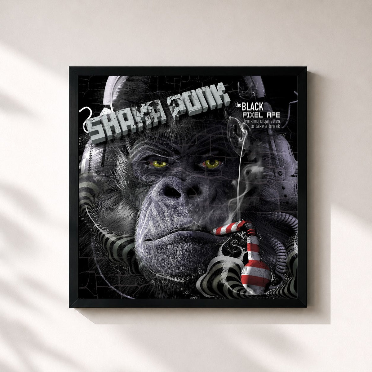 #noir The Black Pixel Ape (Drinking Cigarettes to Take a Break) di Shaka Ponk in stampa quadrata incorniciata, cornice nera 32x32 cm