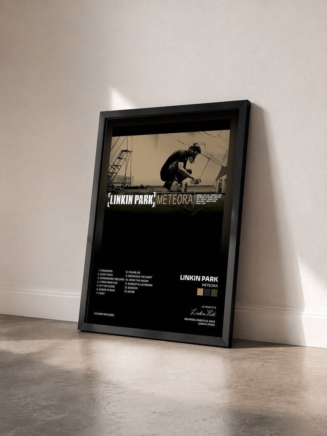 #noir Meteora di Linkin Park in stampa incorniciata vista di tre quarti, cornice nera