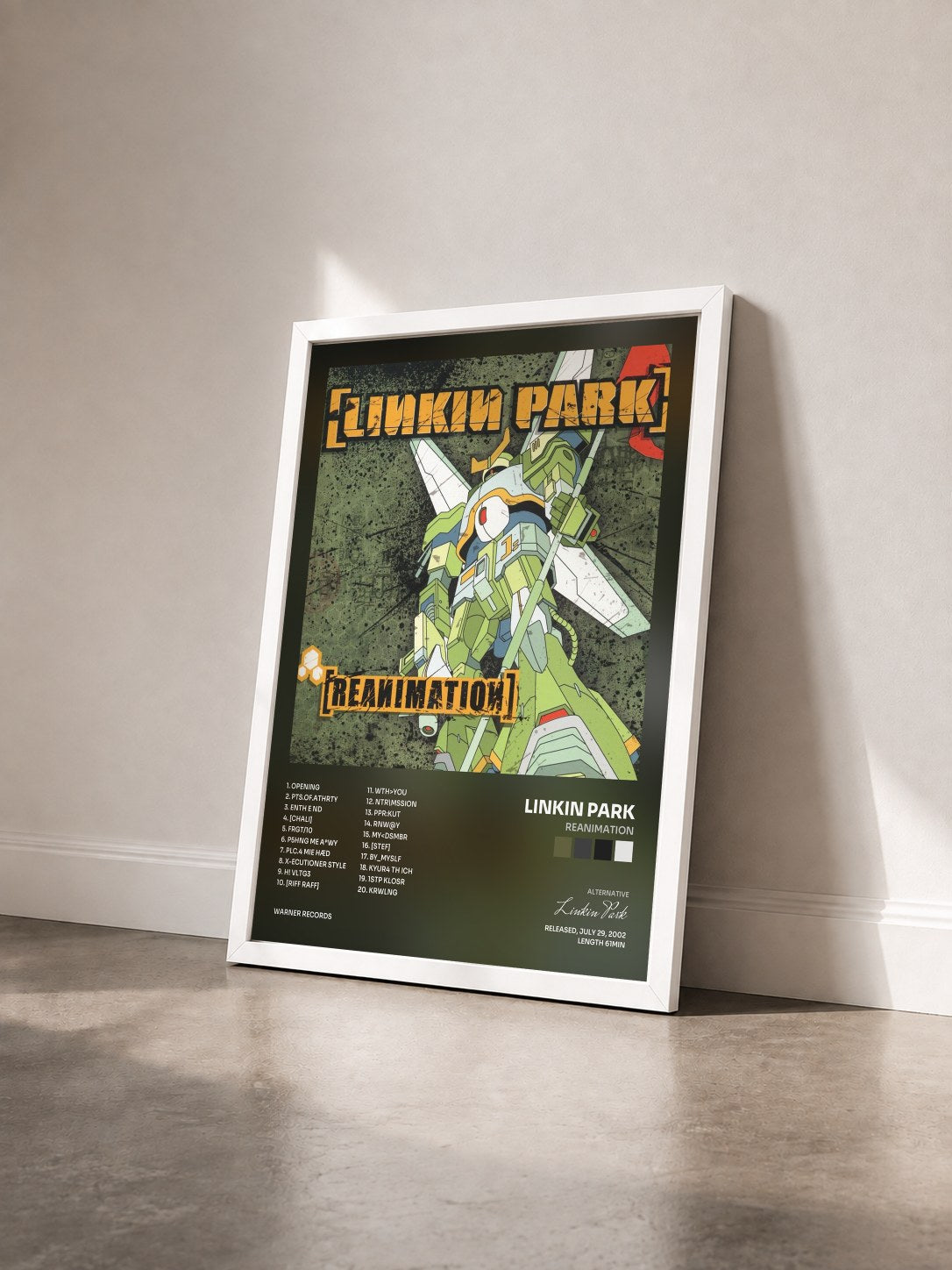 #blanc Reanimation by Linkin Park as a framed art print seen at an angle, white frame